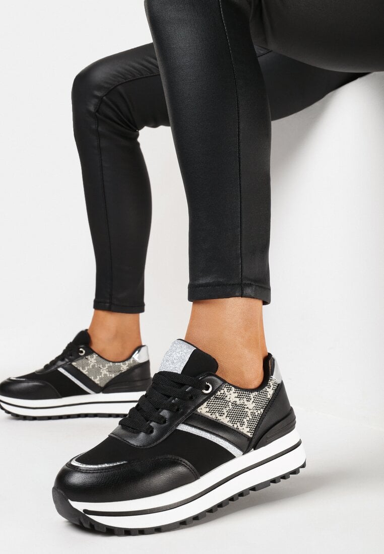 Sneakers Negre pe Talpă Groasă cu Sclipici și Inserții Materiale Dinrila