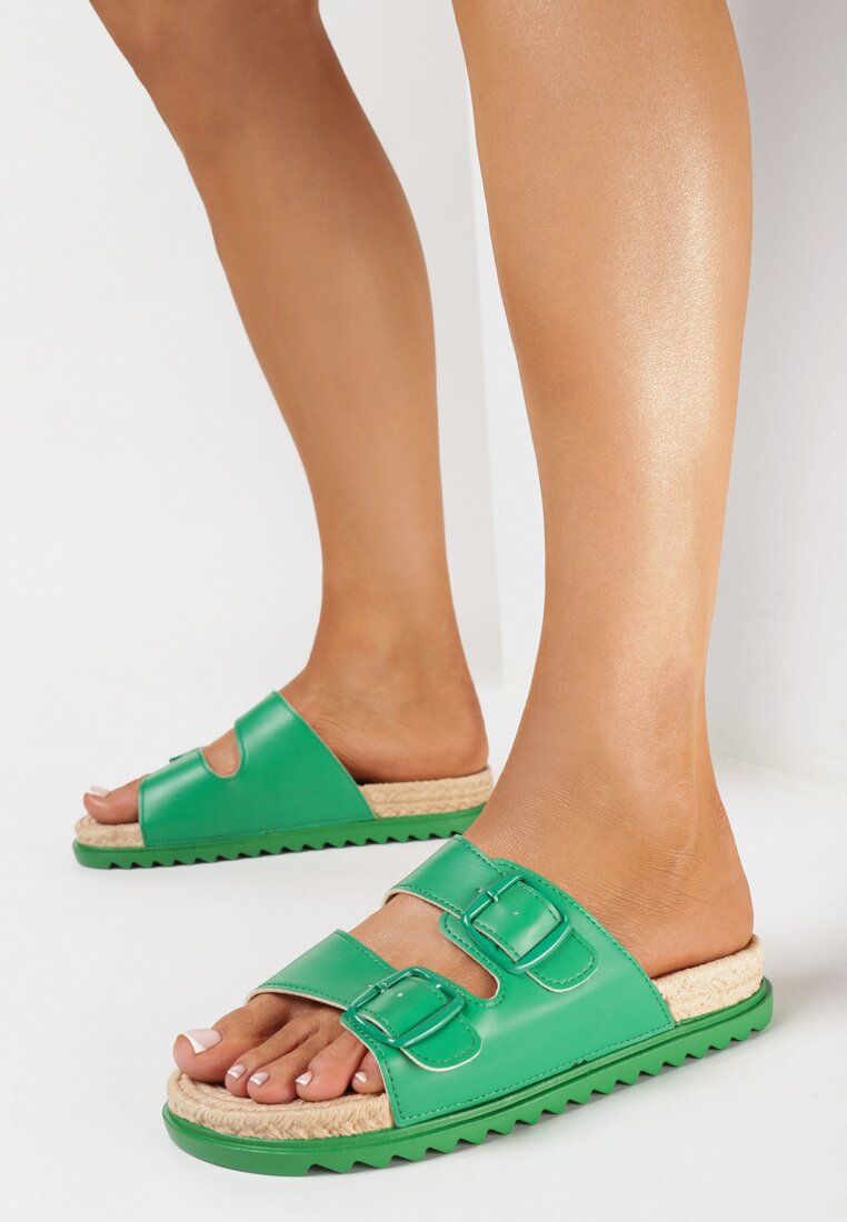 Papuci Verzi cu baretă lată cu catarame duble și împletitură pe talpă Piralia