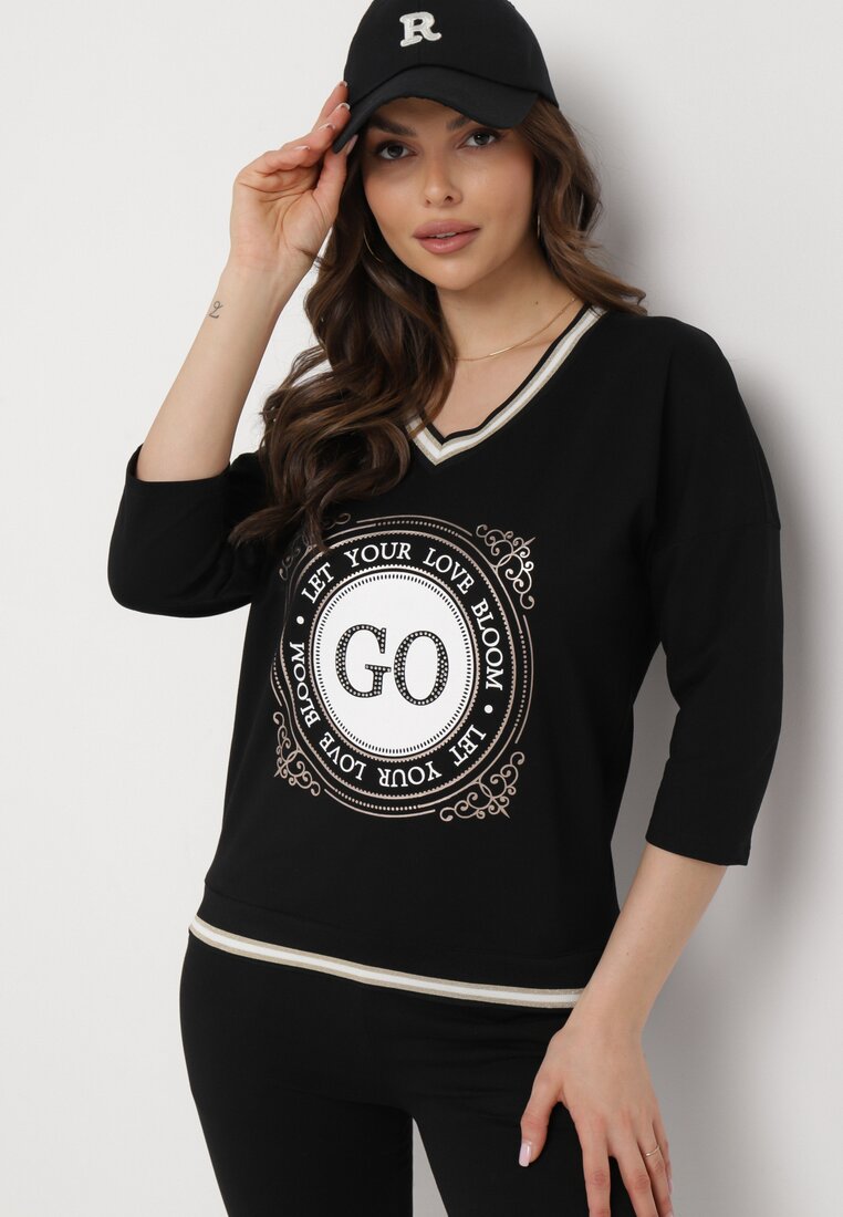 Bluză Neagră cu Mâneci 3/4 și Imprimeu cu Strasuri Gromila