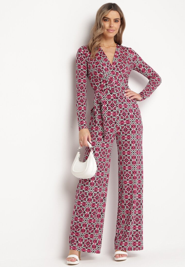 Salopetă Fucsia Imprimată cu Mânecă Lungă și Pantaloni Largi cu cordon în talie Vilati