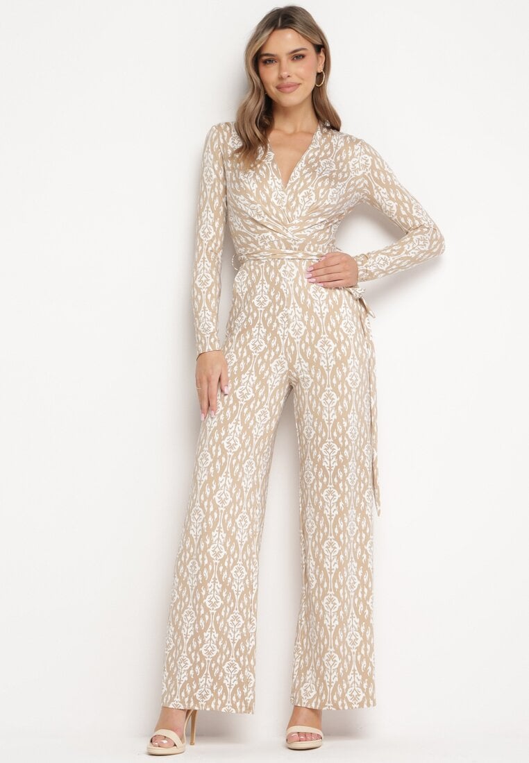 Salopetă Bej Imprimată cu Decolteu Petrecut și Curea în Talie Caerwina