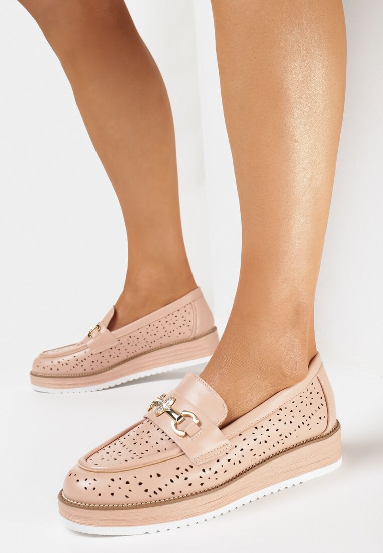 Pantofi Roz cu Talpă Groasă cu Carâmb Ajurat și Cataramă Metalică Sielle