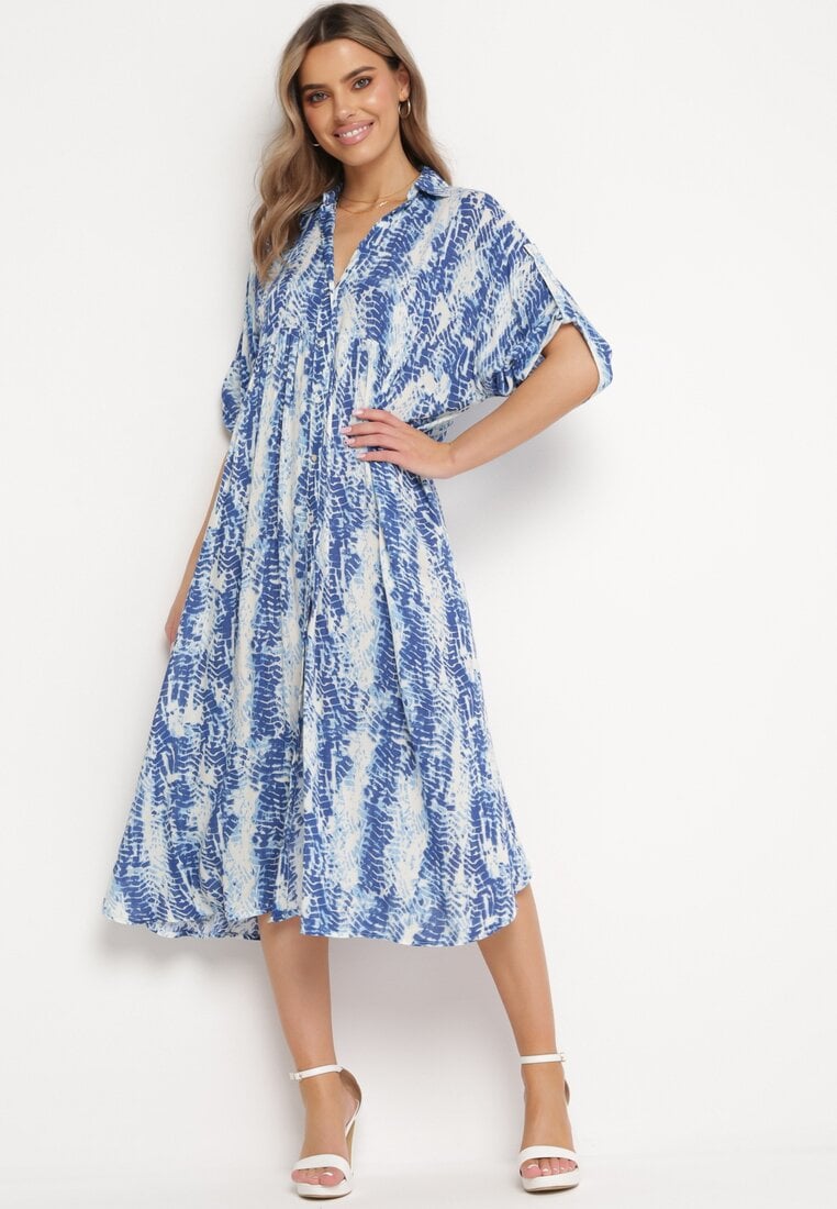 Rochie Albastră cu bust tip cămașă din Viscoză cu Model Abstract Navila