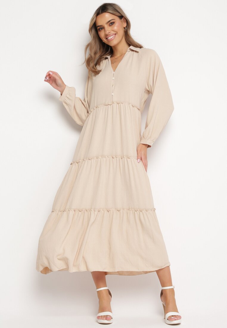 Rochie Maxi Bej Cloche cu Volane Largi și Guler Elunoria