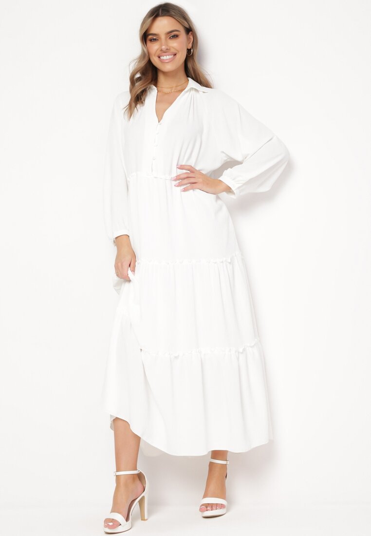 Rochie Albă Maxi Evazată cu Guler și Volane Eweneme