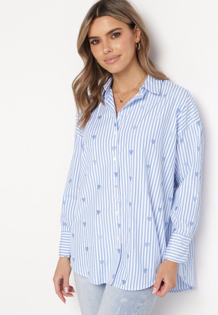 Cămașă albastru deschis din bumbac cu dungi cu inimi brodate Sanileni