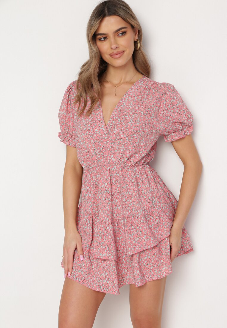 Rochie Roz Mini cu Volane și Decolteu Petrecut cu Elastic în Talie Isarola