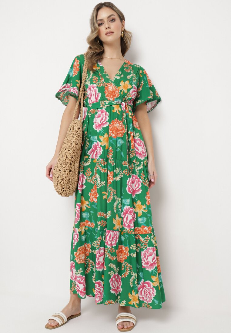 Rochie Verde Maxi cu Elastic în Talie cu Mâneci Largi și Imprimeu Floral Nodriala