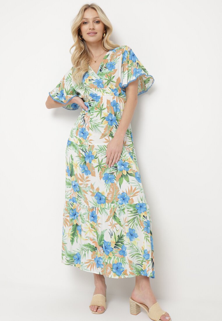 Rochie Albastru-Alb cu flori colorate cu decolteu petrecut și curea legată Thaliorra