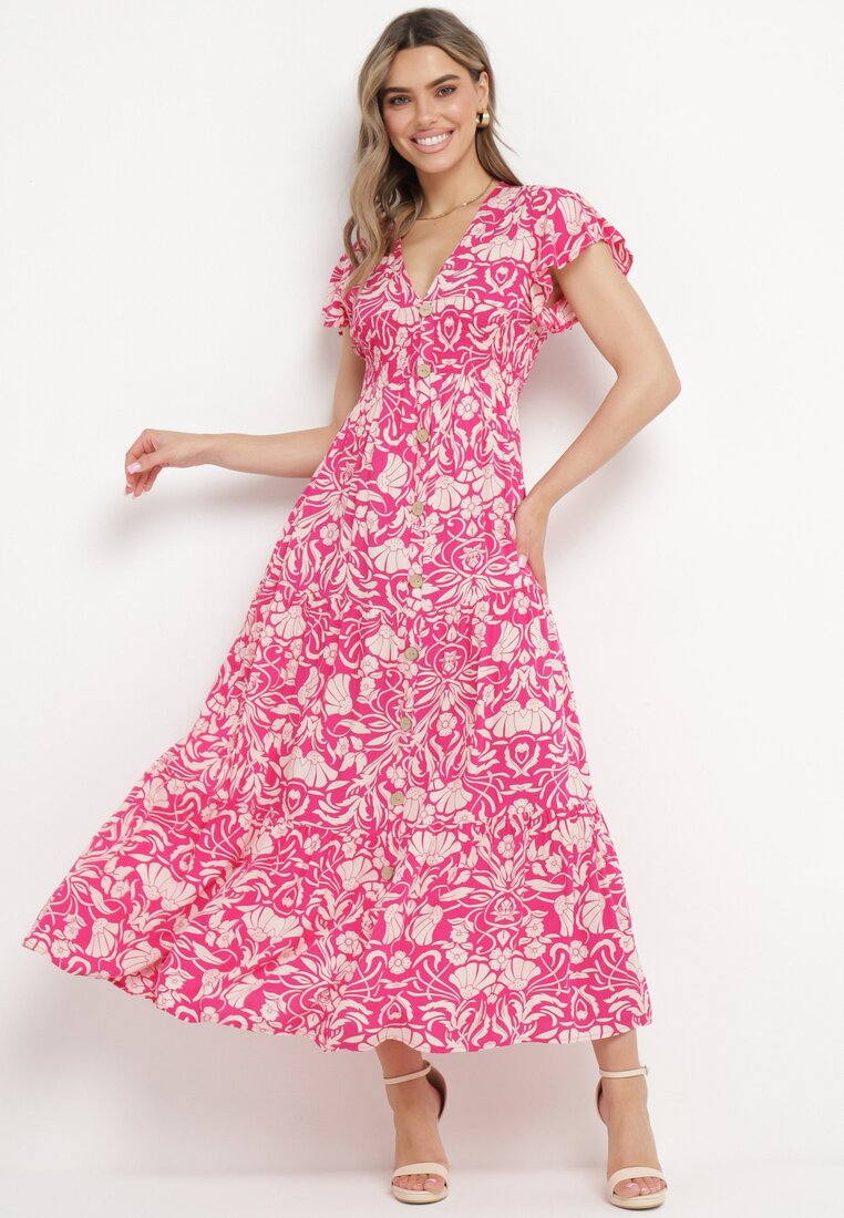 Rochie Roz Evazată Maxi cu Mânecă Largă cu Imprimeu Floral Oxeria