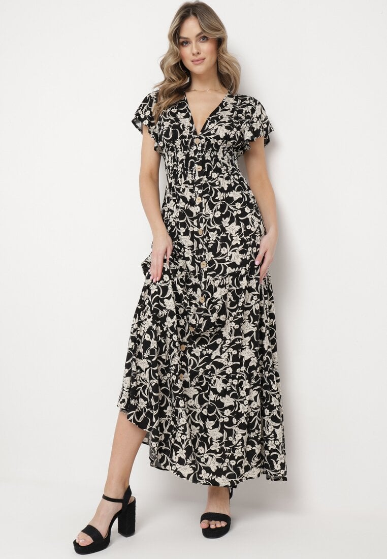 Rochie Negru-Bej Maxi Florală cu Mâneci Volan și Elastic în Talie Mulanitti