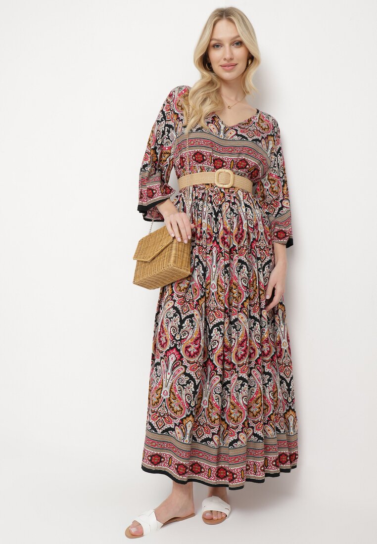 Rochie Lungă Negru-Bordo Evazată cu mâneci 3/4 cu model Paisley Amarethia