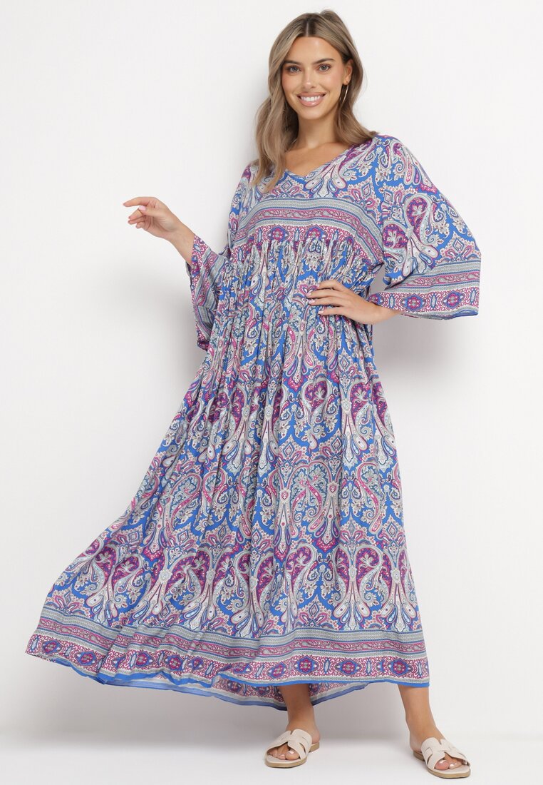 Rochie Lungă Albastru-Violet Evazată cu Mâneci 3/4 cu Model Paisley Amarethia