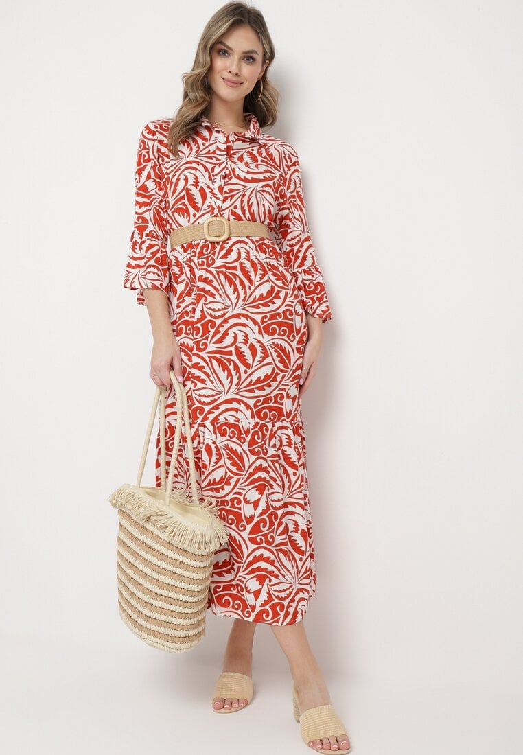 Rochie Cloș Portocaliu-Alb Maxi cu Volan și Model Botanic Maticia