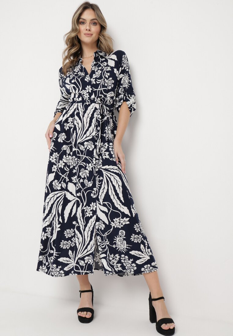Rochie tip cămașă bleumarin și albă cu imprimeu floral cu cordon legat Rosallen