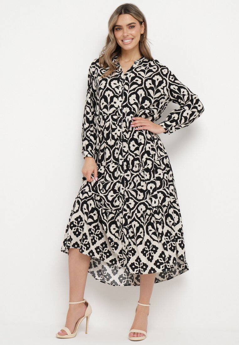 Rochie Czarno-Albă cu Model Ornamental cu Fason Cămașă Venleia