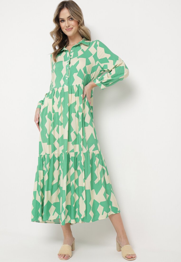 Rochie Evazată Maxi Tip Cămașă Verde-Bej cu Imprimeu Geometric Pholimena