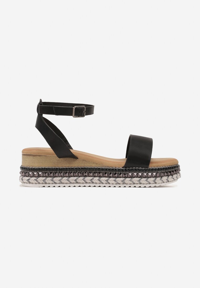 Sandale Negre pe Pană Mică cu Împletitură și Ținte Livera