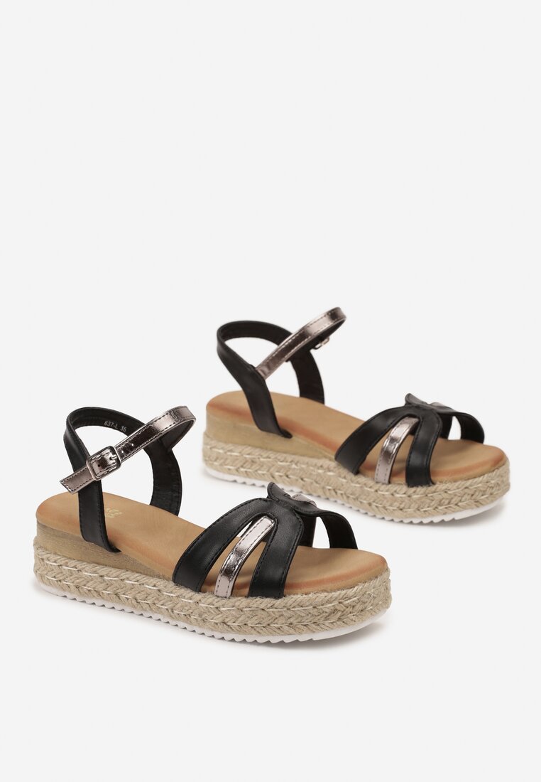 Sandale Negre pe Platformă din Iută cu Barete Metalice Lerian