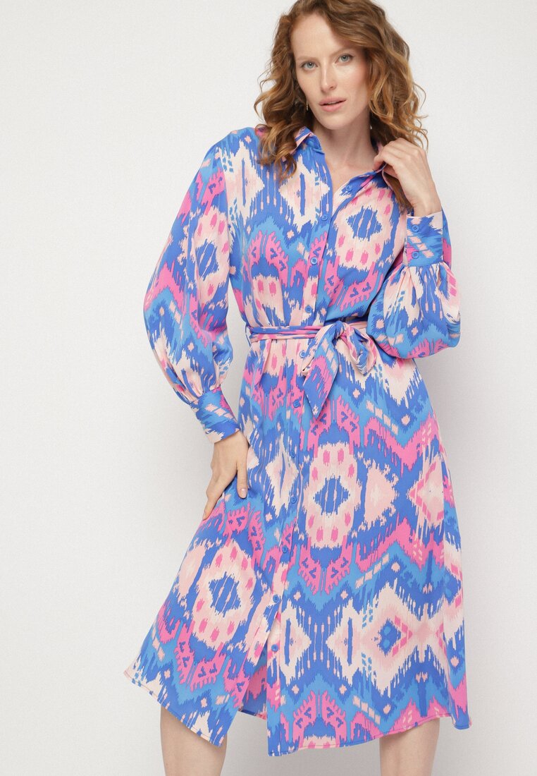 Rochie tip cămașă Albastru-Roz Midi cu model etno și cordon Mithera