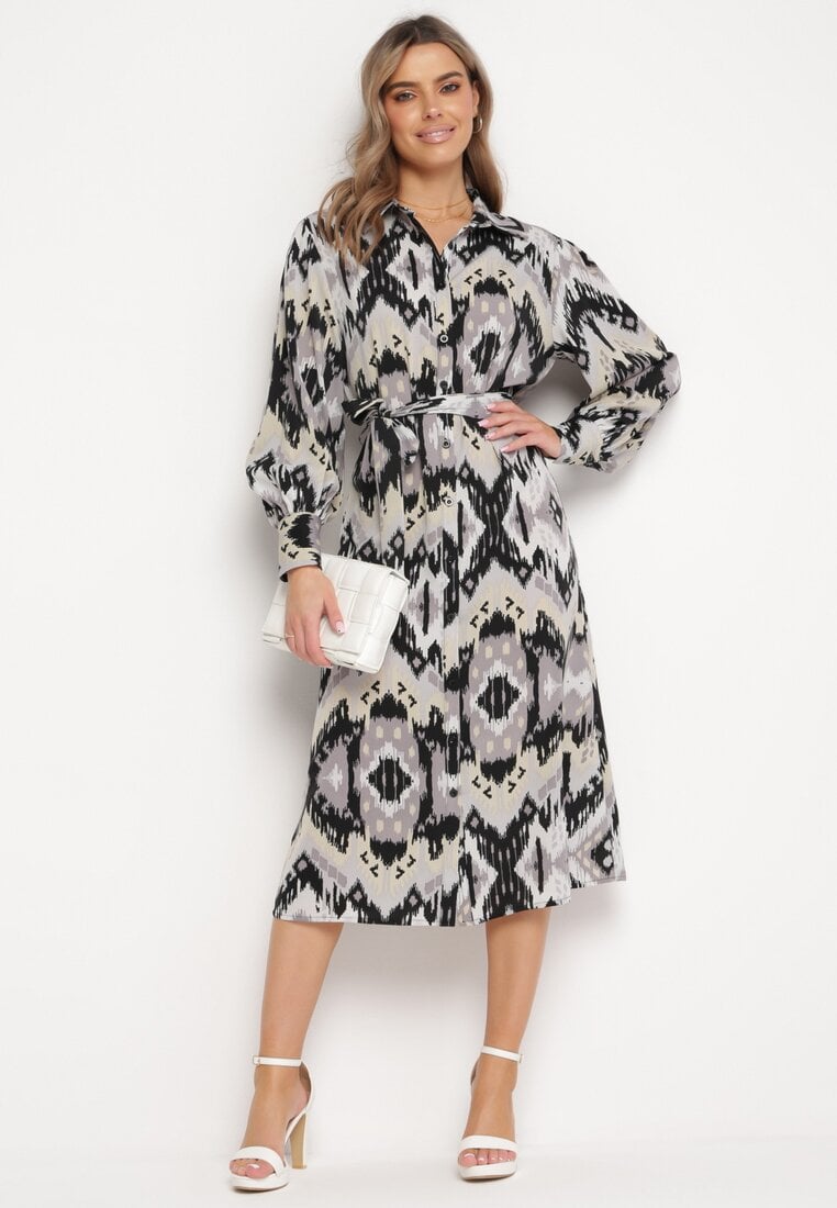 Rochie Cămașă Negru-Gri Midi cu Model Etnic și Cordon Nod Mithera