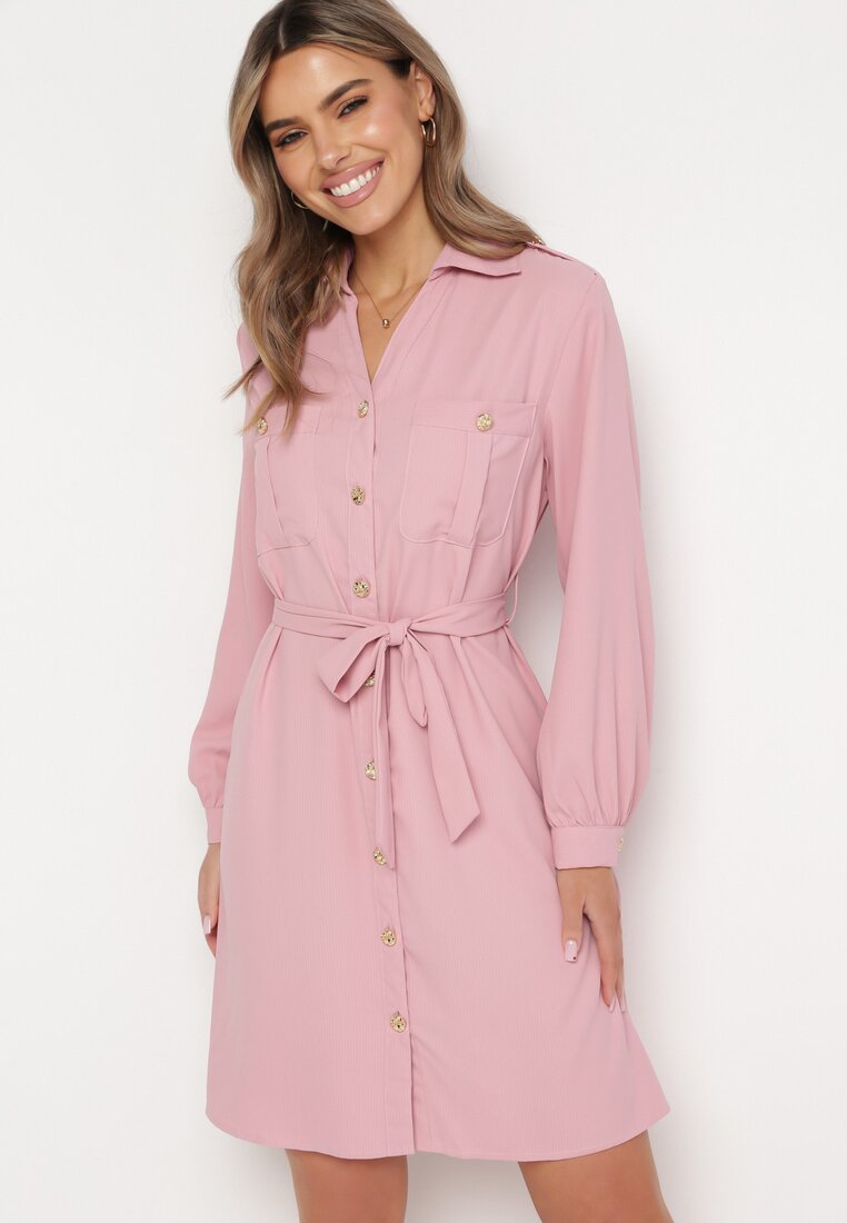 Rochie Roz Evazată Cămașă cu Cordon Legat Vinala