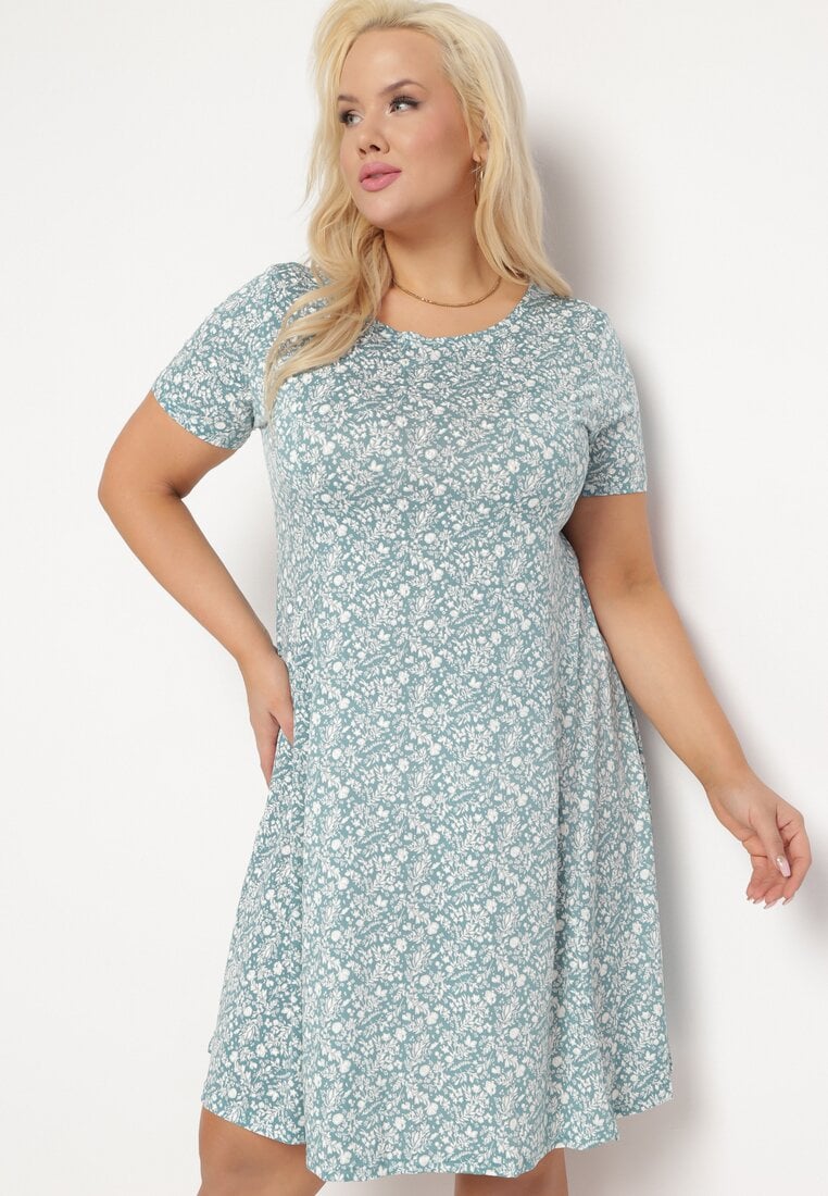 Rochie Verde cu flori mici cu mânecă scurtă din viscoză Cilarnid