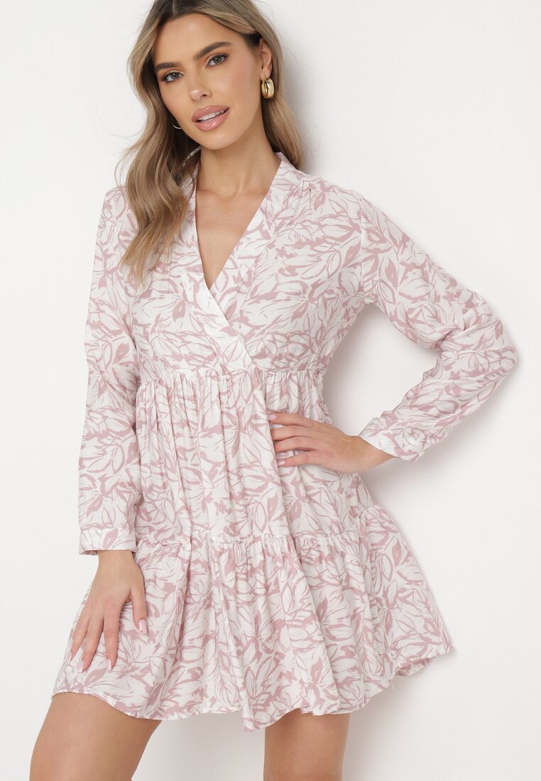 Rochie Mini Roz-Albă Cloș cu motiv frunze și volan Eralia