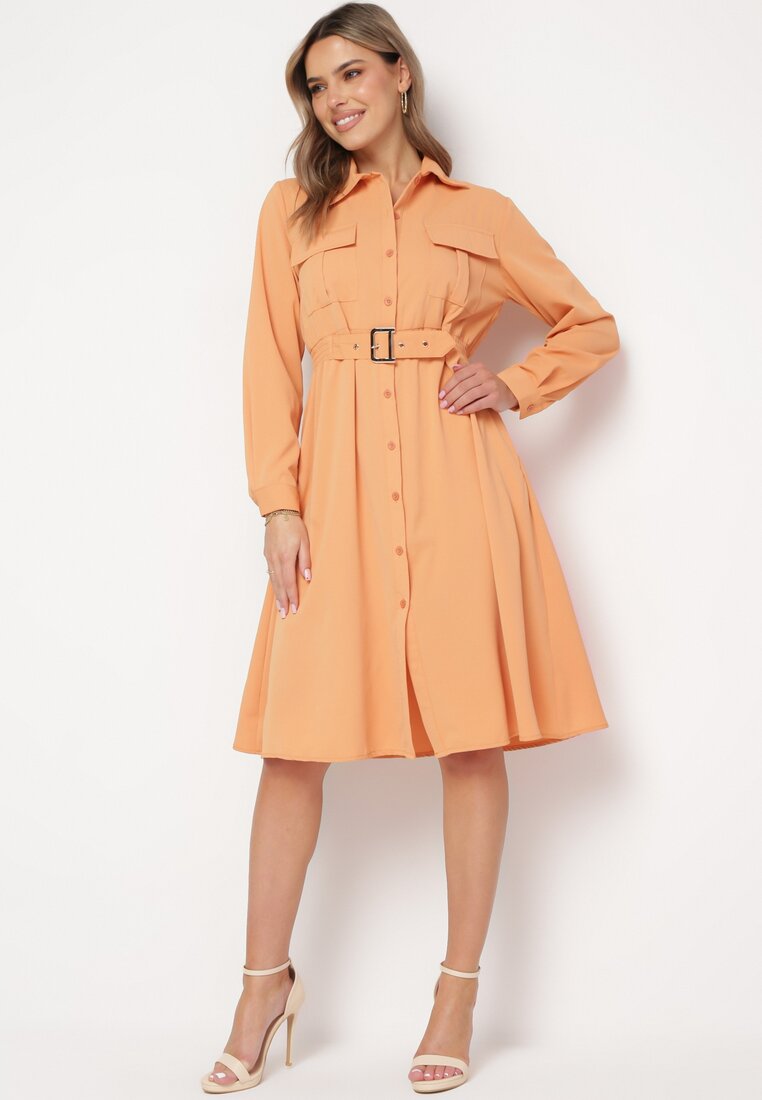 Rochie Tip Cămașă Portocalie cu Curea cu Cataramă Unebia