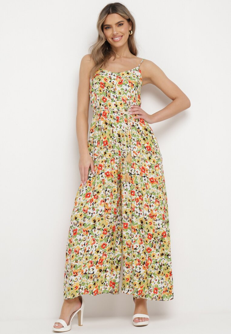 Salopetă Verde cu Imprimeu Floral, cu Picioare Lărgi și Șnur în Talie Celiana