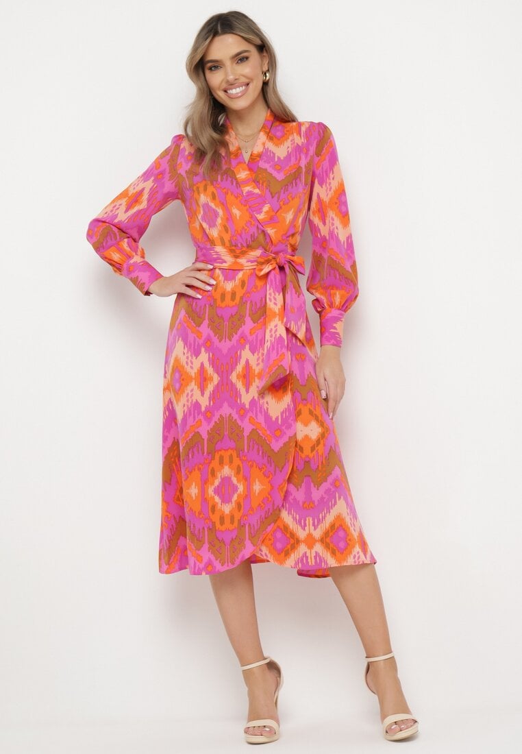 Rochie Roz Tip plic Midi cu Centură în Talie și Model Ikat Kllerdia