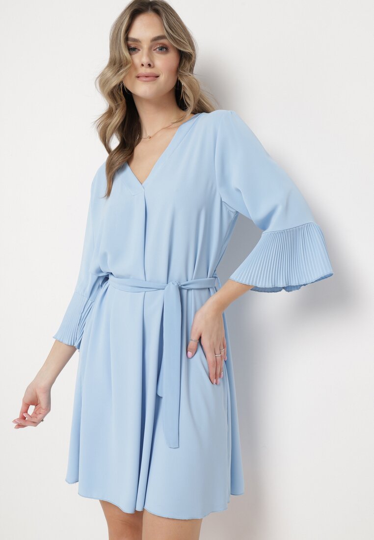 Sukienka Mini Albastră cu Curea în Talie și Mâneci Pliate Urssalia