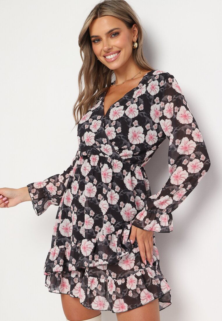 Rochie Neagră cu Imprimeu Floral cu Decolteu Triunghiular Marnlla