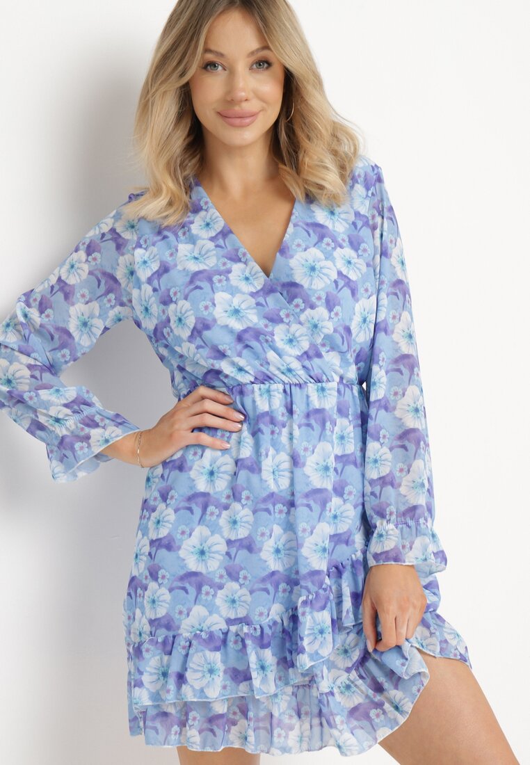 Rochie Albastră Florală cu Decolteu Triunghiular Marnlla