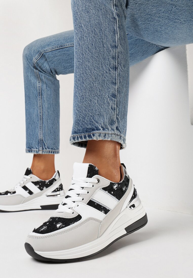 Adidași Alb-Negru pe Talpă Groasă cu Sclipici și Paiete Asseni
