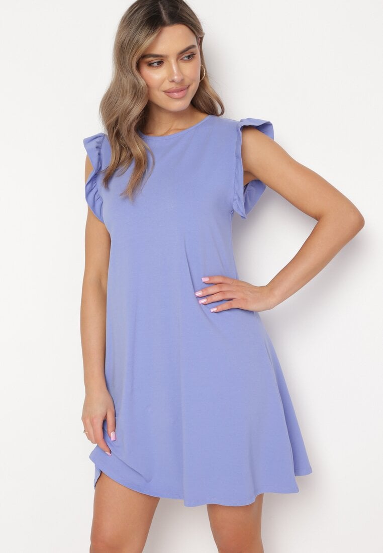 Rochie de Vară Mov din Bumbac cu Volane la Umeri Sasare