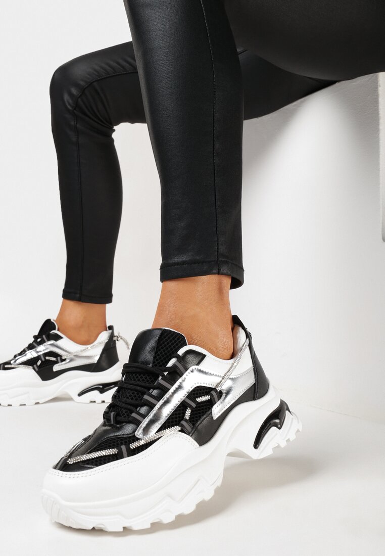 Adidași Negru-Alb cu Talpă Groasă cu Zirconii și Șiret Decorativ Evadnie