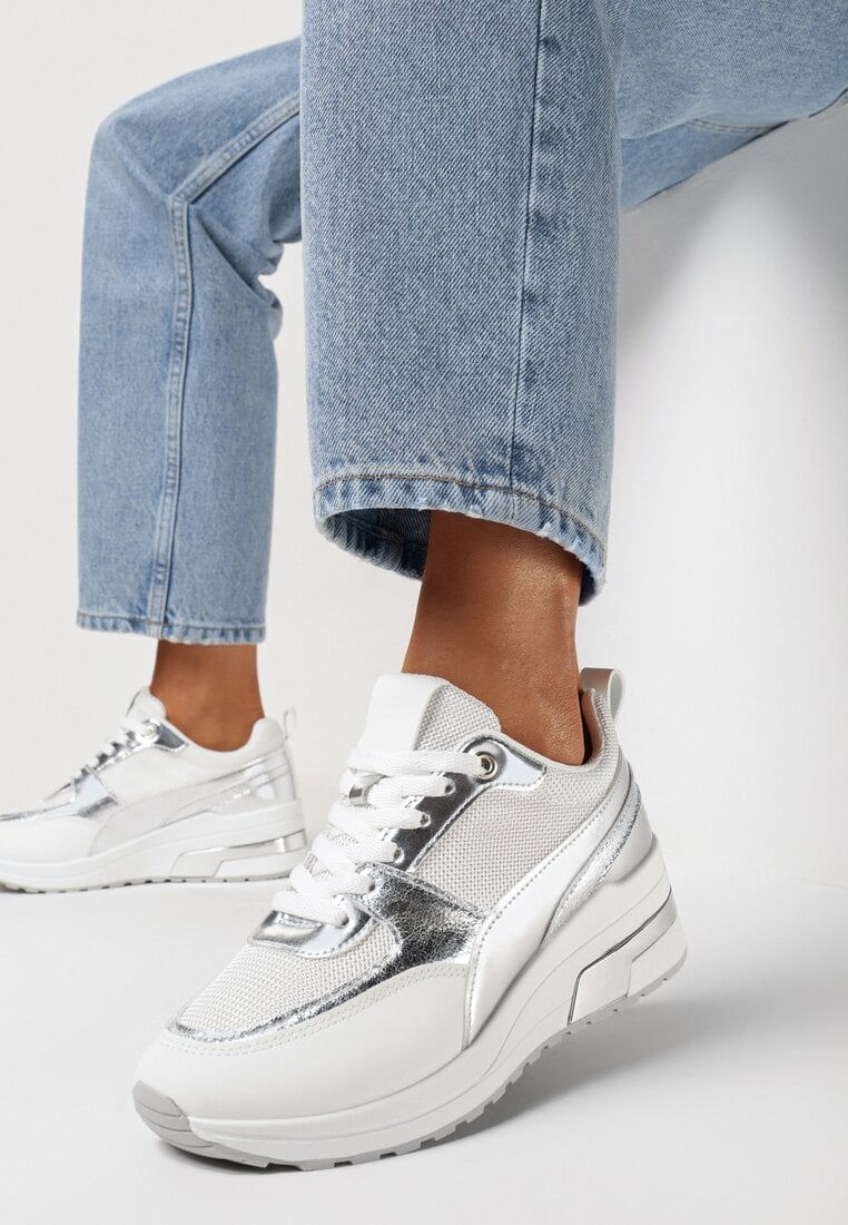 Sneakers Alb-Argintiu pe pană cu inserție metalică Nerdia