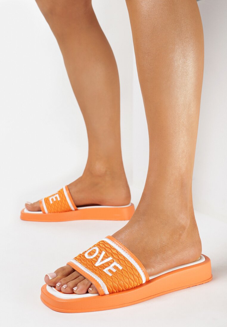 Papuci Portocalii cu Vârf Pătrat și cu Curea cu Text Jeliana