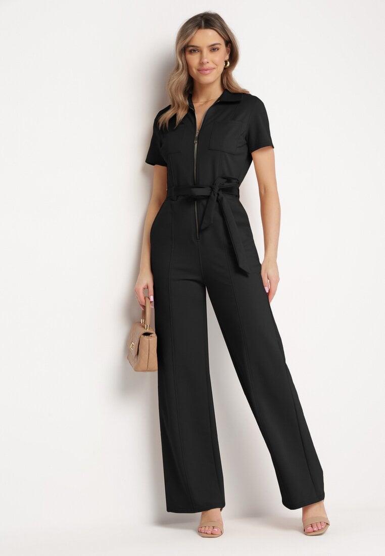 Salopetă Neagră Din bumbac cu picioare drepte cu fermoar și centură în talie Olroura