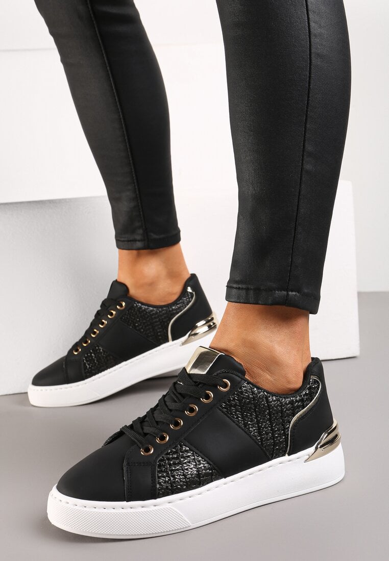 Adidași Negri cu Talpă Groasă cu Inserție Împletită și Detalii Strălucitoare Issla