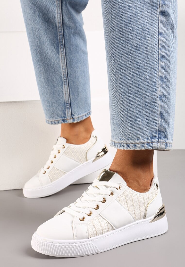 Adidași Alb-Bej cu Talpă Groasă cu Inserție Împletită și Detalii Strălucitoare Issla