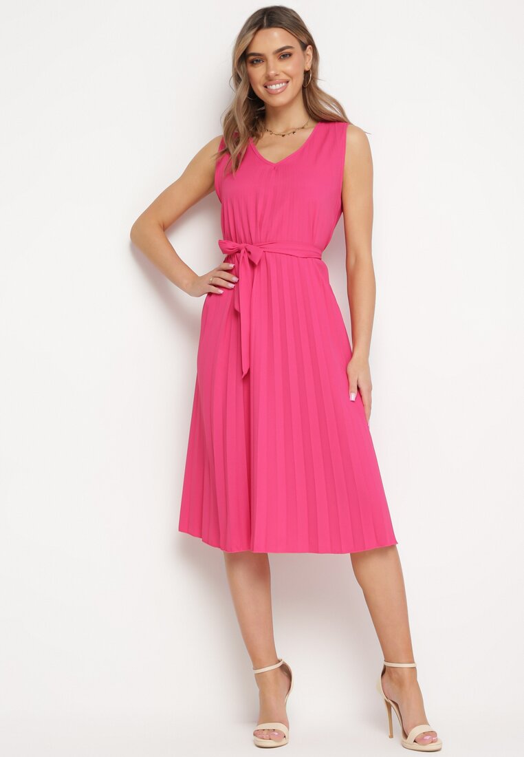 Rochie Fucsia Cloș Midi Plisată cu Curea de material Varethia