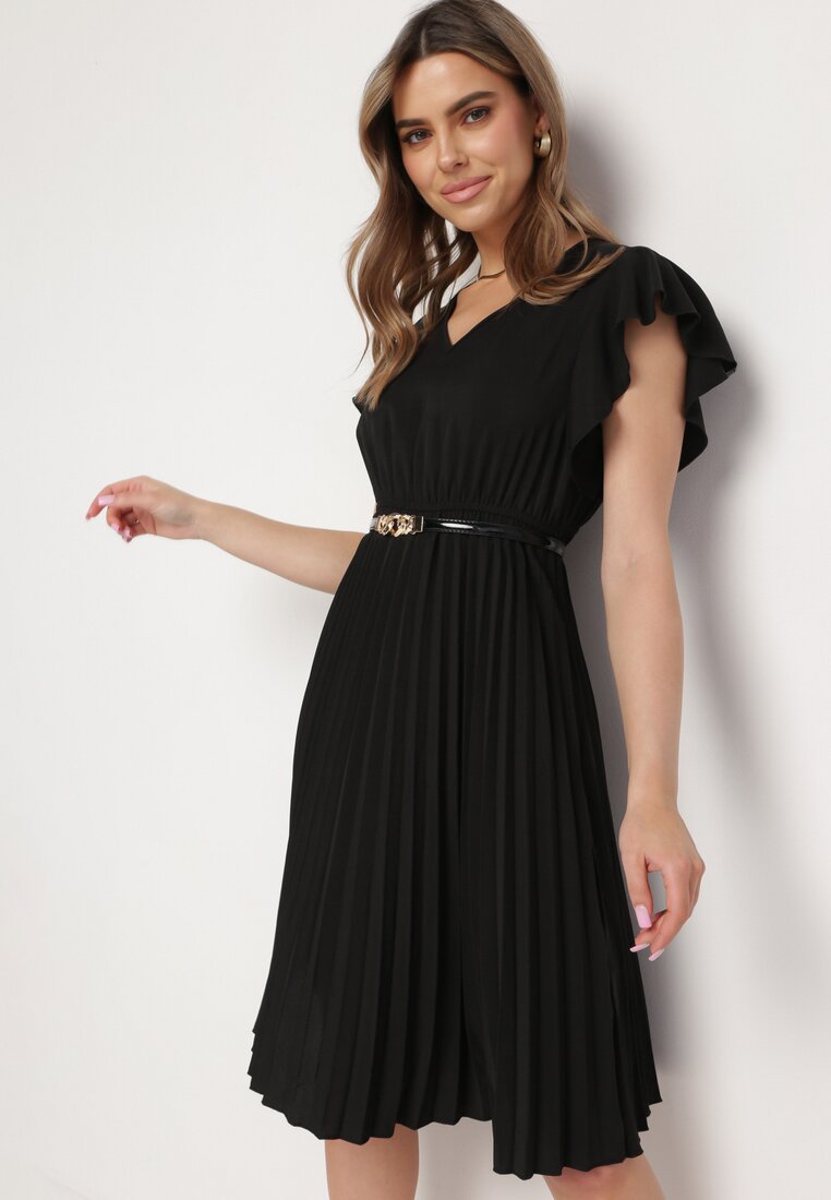 Rochie Neagră Evazată Midi cu Tiv Plisat Sabara