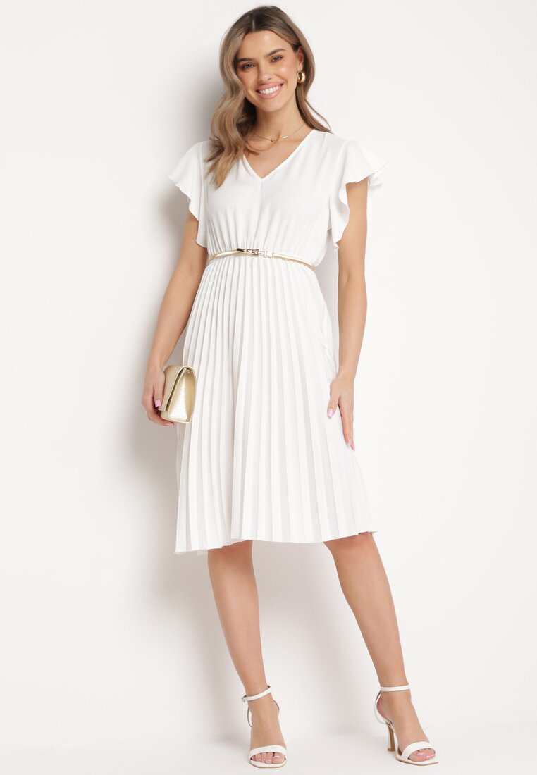 Rochie Albă Cloș Midi cu Tiv Plisat Sabara