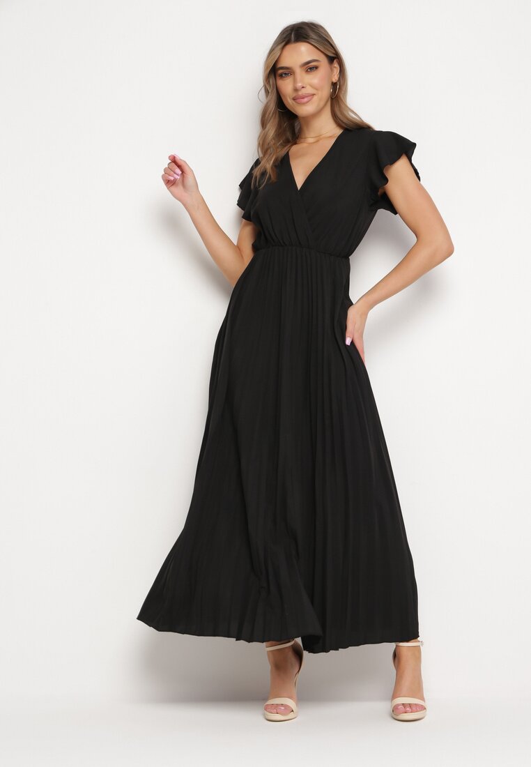 Rochie Neagră Maxi Plisată cu Guler Petrecut Croi Cloș Anelea
