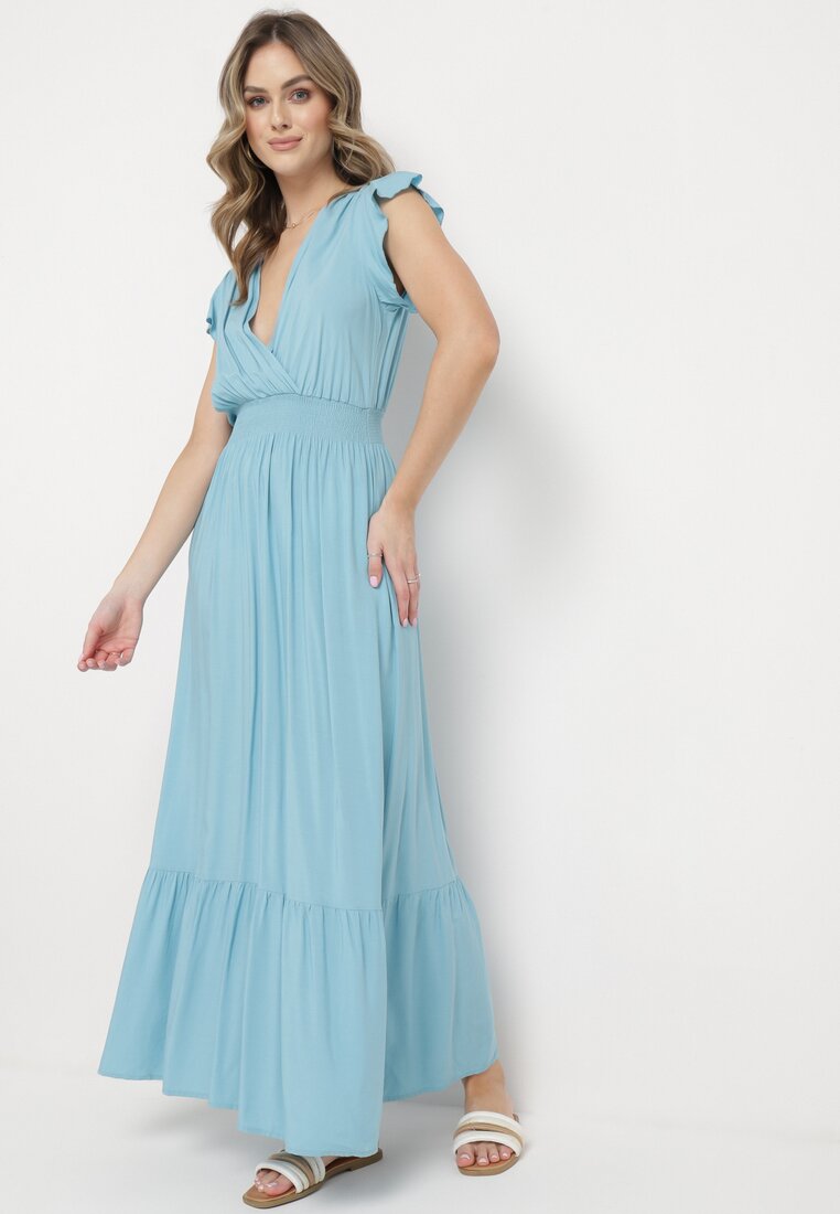 Rochie Maxi Din bumbac Albastră deschis cu decolteu petrecut Evazată Xaliara