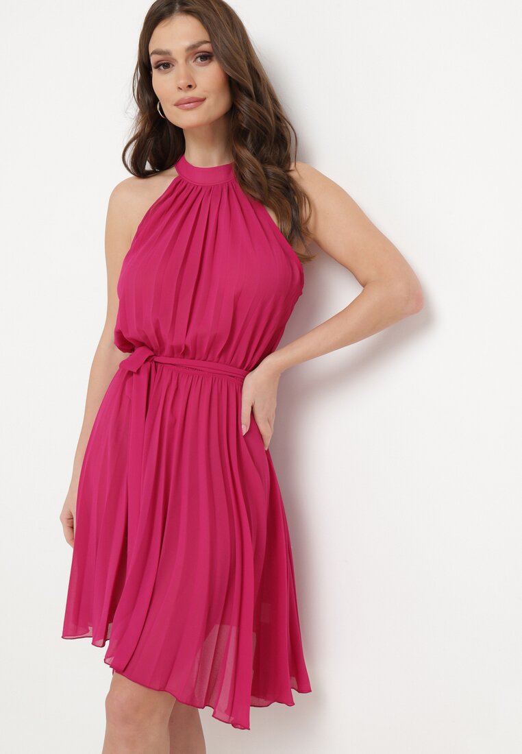 Rochie Fucsia Plisată Mini cu curea textilă cu închidere la gât Xaliarra