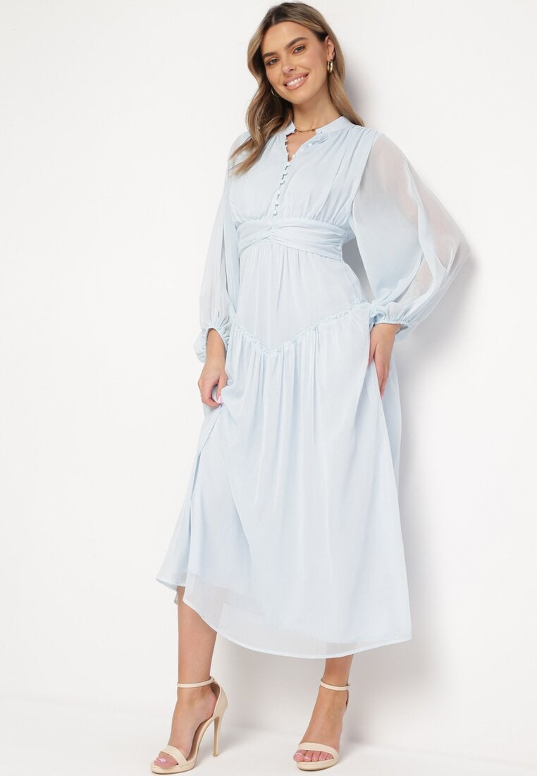 Rochie de cocktail lungă albastru deschis stil retro cu pliuri și guler înalt Leowia