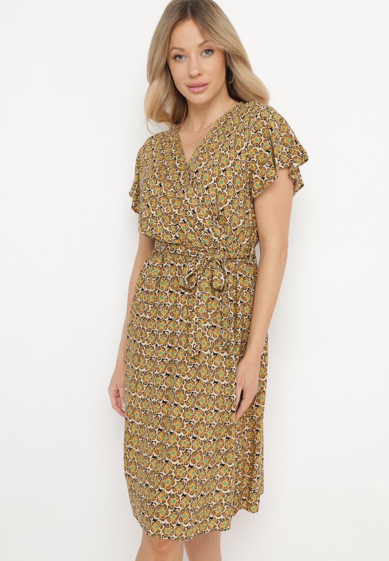 Rochie Galbenă din Viscoză cu Decolteu Plic și Elastic în Talie Moanalise